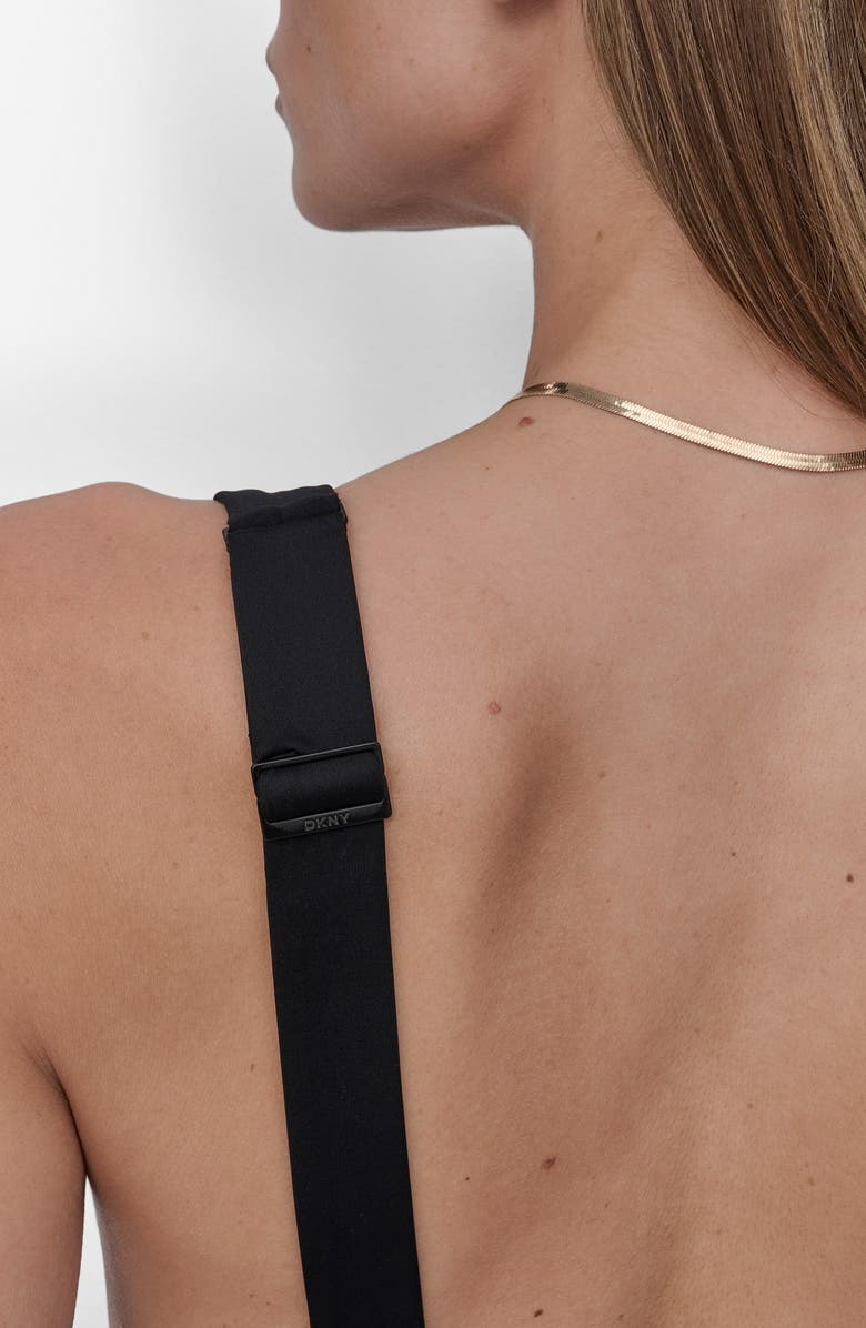 DKNY Plunge Neck Side Ruched One-Piece Swimsuit, Alternate, color, Black