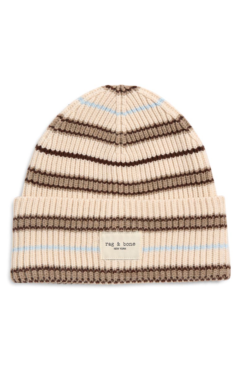 rag
bone Blake Stripe Wool Blend Rib Beanie, Main, color, Ivory Multi