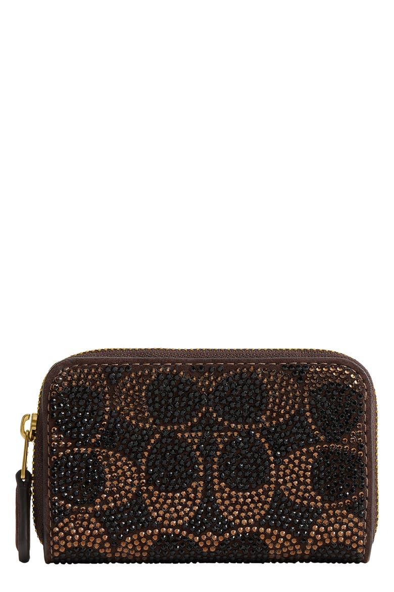 Essential Small Crystal Signature Zip Around Card Case, Main, color, B4/ DARK CHOCOLATE