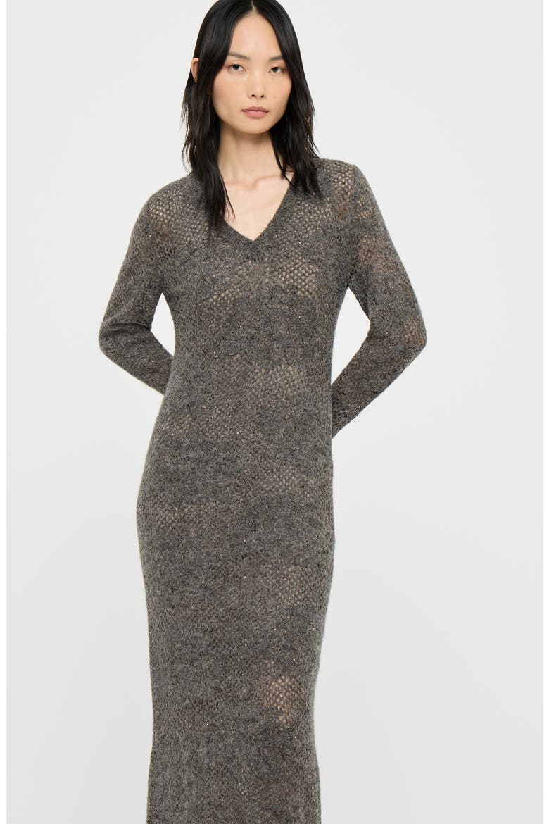 Lace flowers knit dress in sparkling mohair and virgin wool, Alternate, color, Lead