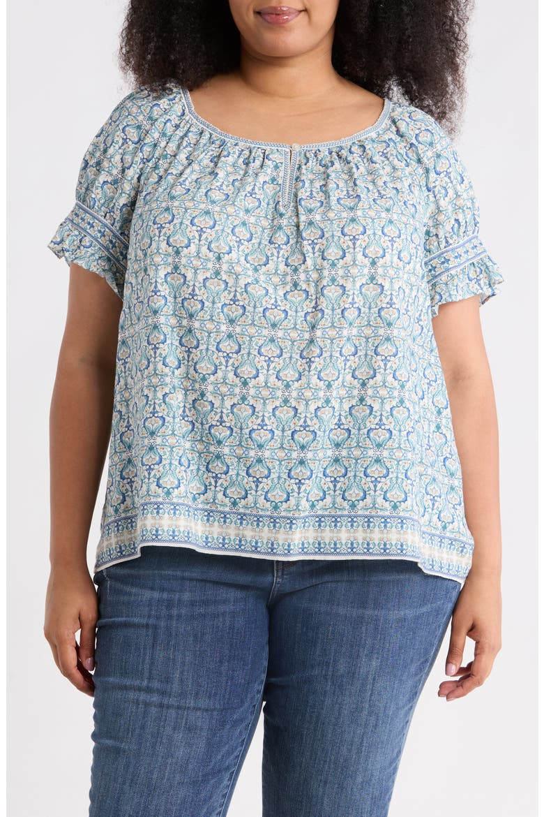Keyhole Short Sleeve Top, Main, color, CREAM/ TEAL NOUVEAU VINE CREST
