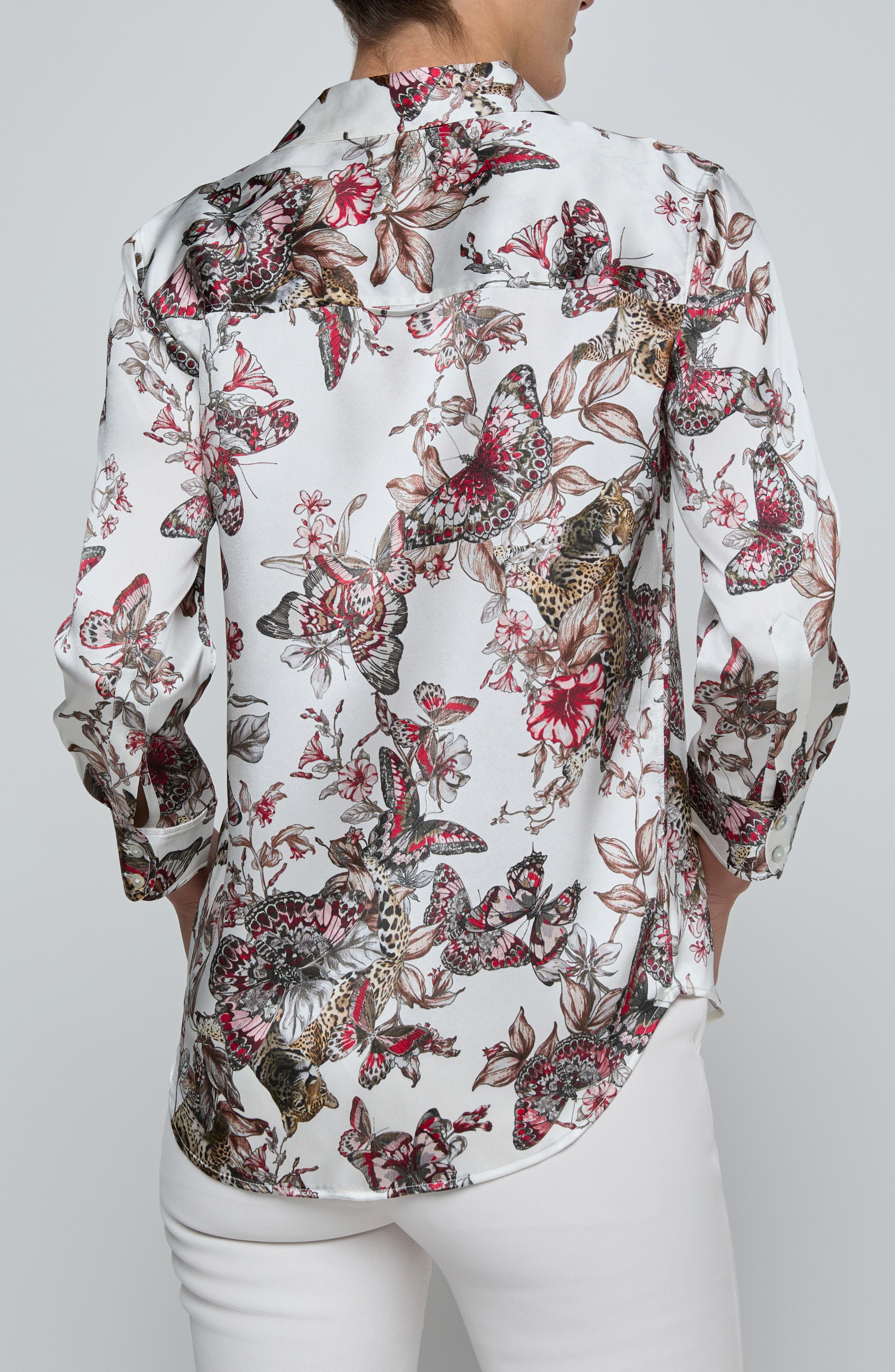 Dani Butterfly Print Three-Quarter Sleeve Silk Button-Up Shirt - image 2