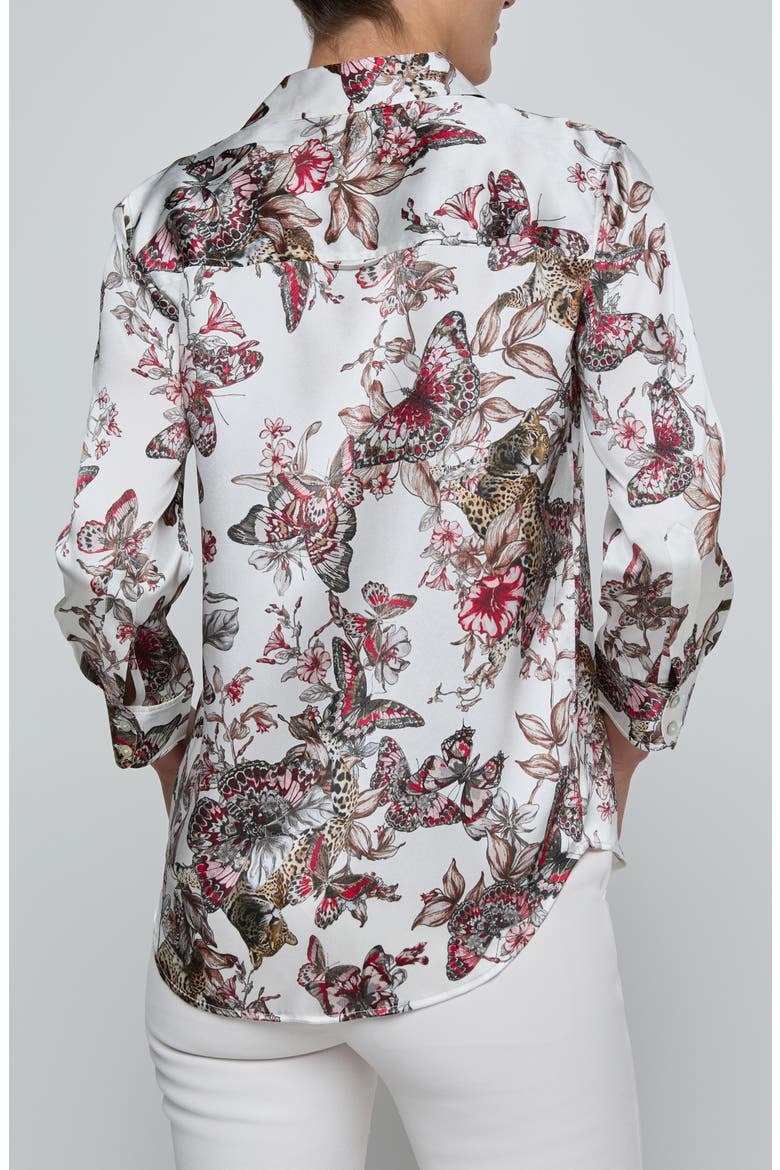 Dani Butterfly Print Three-Quarter Sleeve Silk Button-Up Shirt, Alternate, color, BUTTERFLY JUNGLE