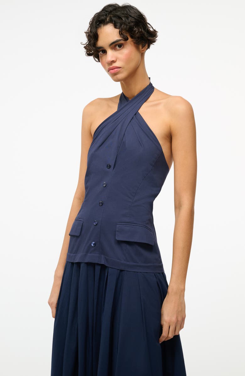 STAUD Harrington Stretch Cotton Halter Maxi Dress, Alternate, color, Navy