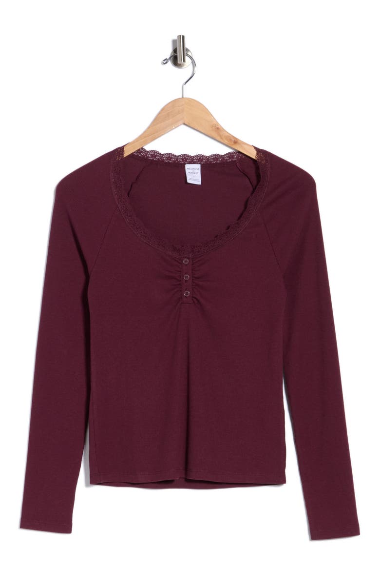 Scoop Neck Lace Trim Henley, Alternate, color, BURGUNDY STEM