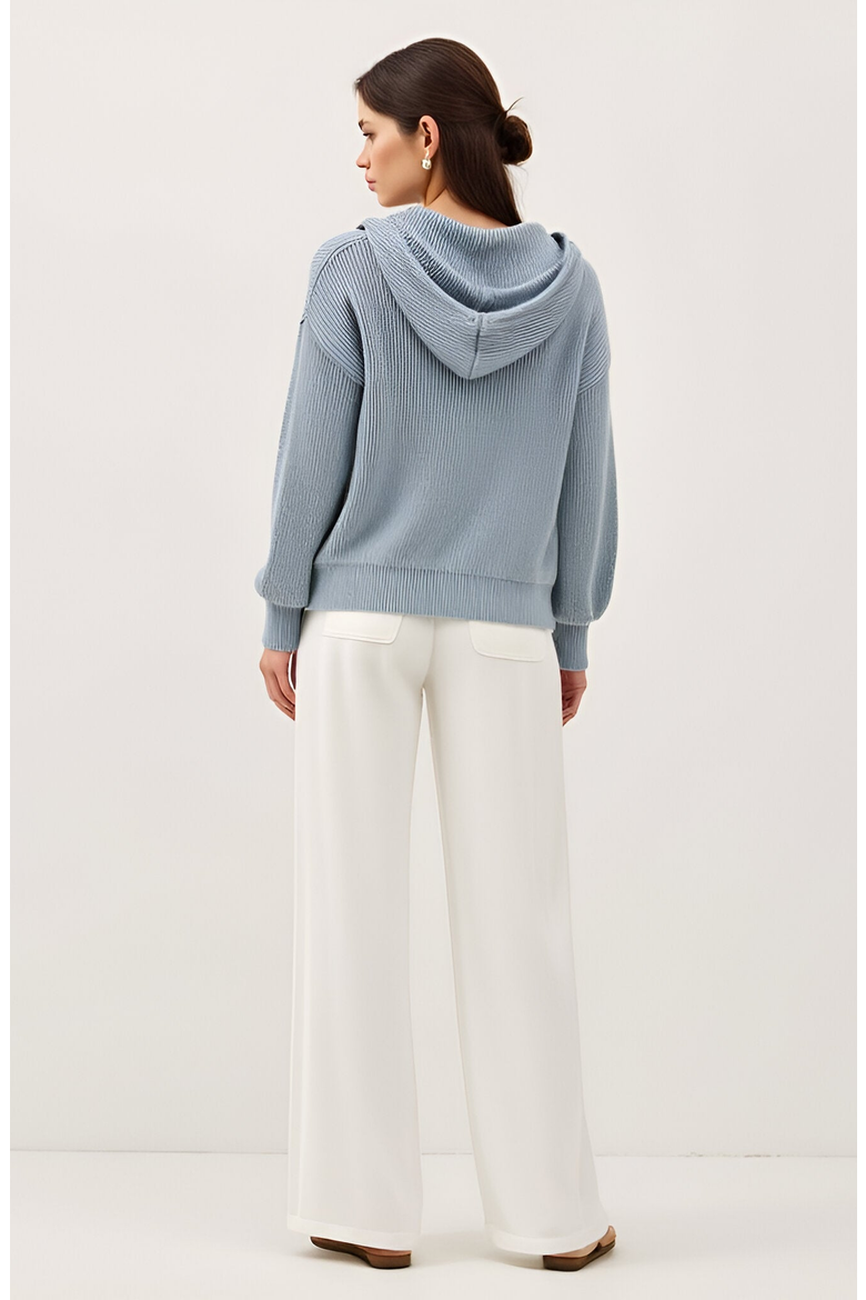 Knit Button Front Hoodie with Ribbed Hem and Drop Shoulders, Alternate, color, Light Beige