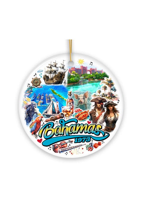 Bahamas 1973 Pirate Ship Island Collage Round Ornament