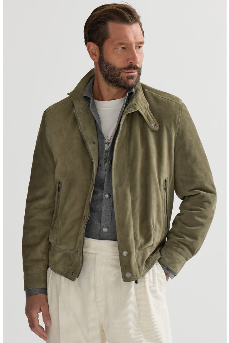 Suede outerwear jacket with Thermore® padding and standing collar, Alternate, color, Military