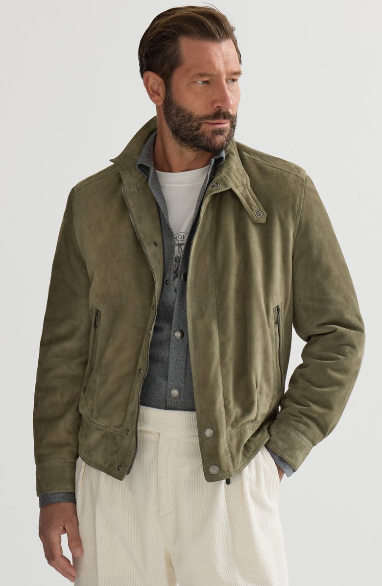 Brunello Cucinelli Suede outerwear jacket with Thermore<sup>®</sup> padding and standing collar, Alternate, color, Military