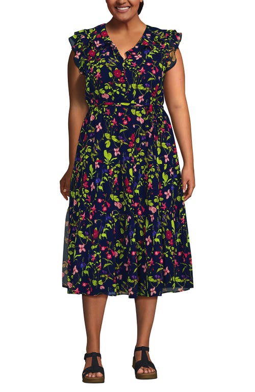 LANDS' END LANDS' END PLUS SIZE RUFFLE SLEEVE CHIFFON TIERED MIDI DRESS
