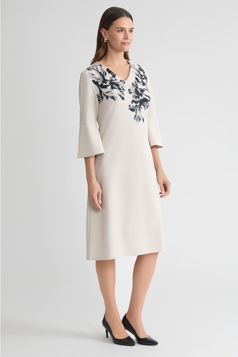 A-Line Floral Printed Stretch Deco Crepe Dress, Alternate, color, Limestone/Black