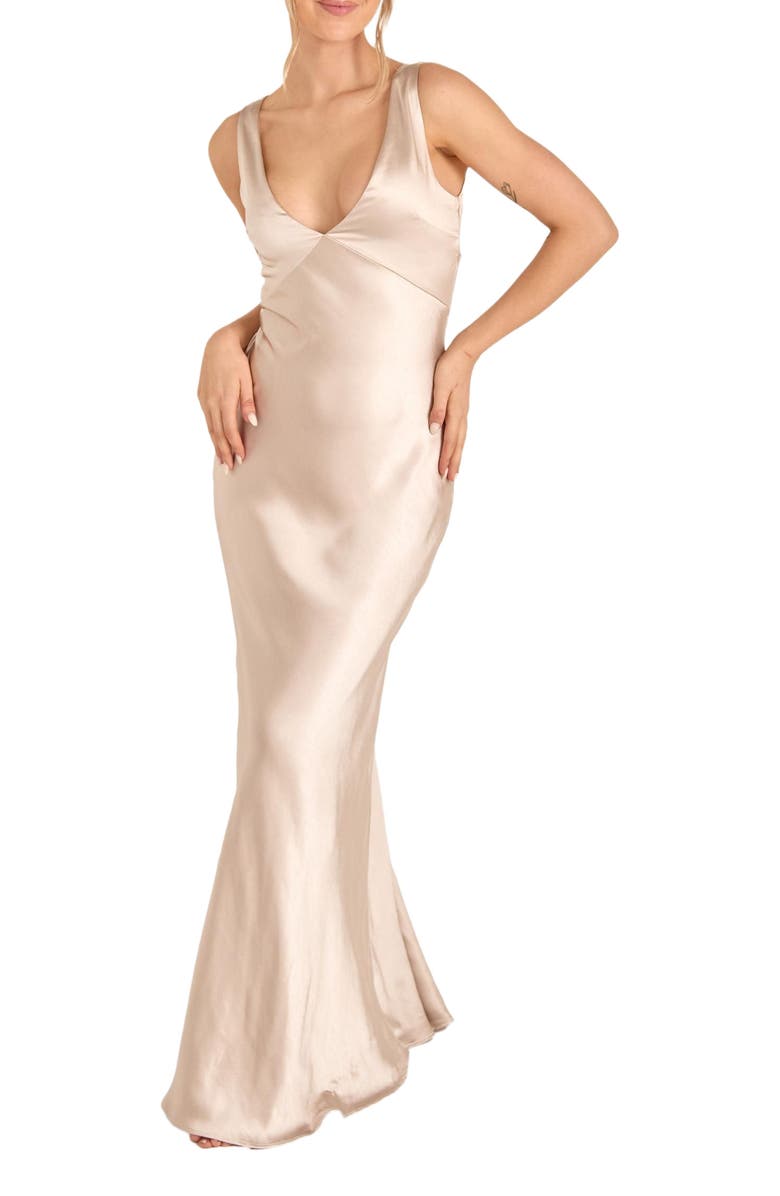 Six Stories Twist Back Satin Bridesmaid Dress, Alternate, color, Oyster