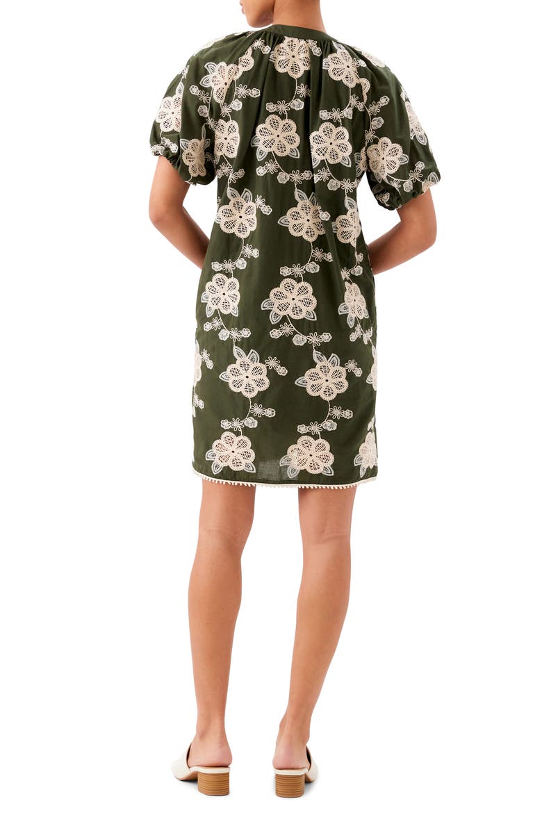 Karen Kane Embroidered Puff Sleeve Tassel Tie Dress, Alternate, color, Olive/ Natural