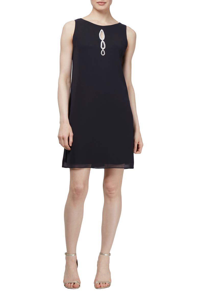 Embellished Chiffon Cocktail Dress with Capelet, Alternate, color, BLACK