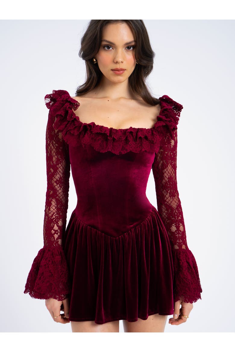 Yachira Velvet Lace Flare Sleeve Mini Dress, Alternate, color, Burgundy