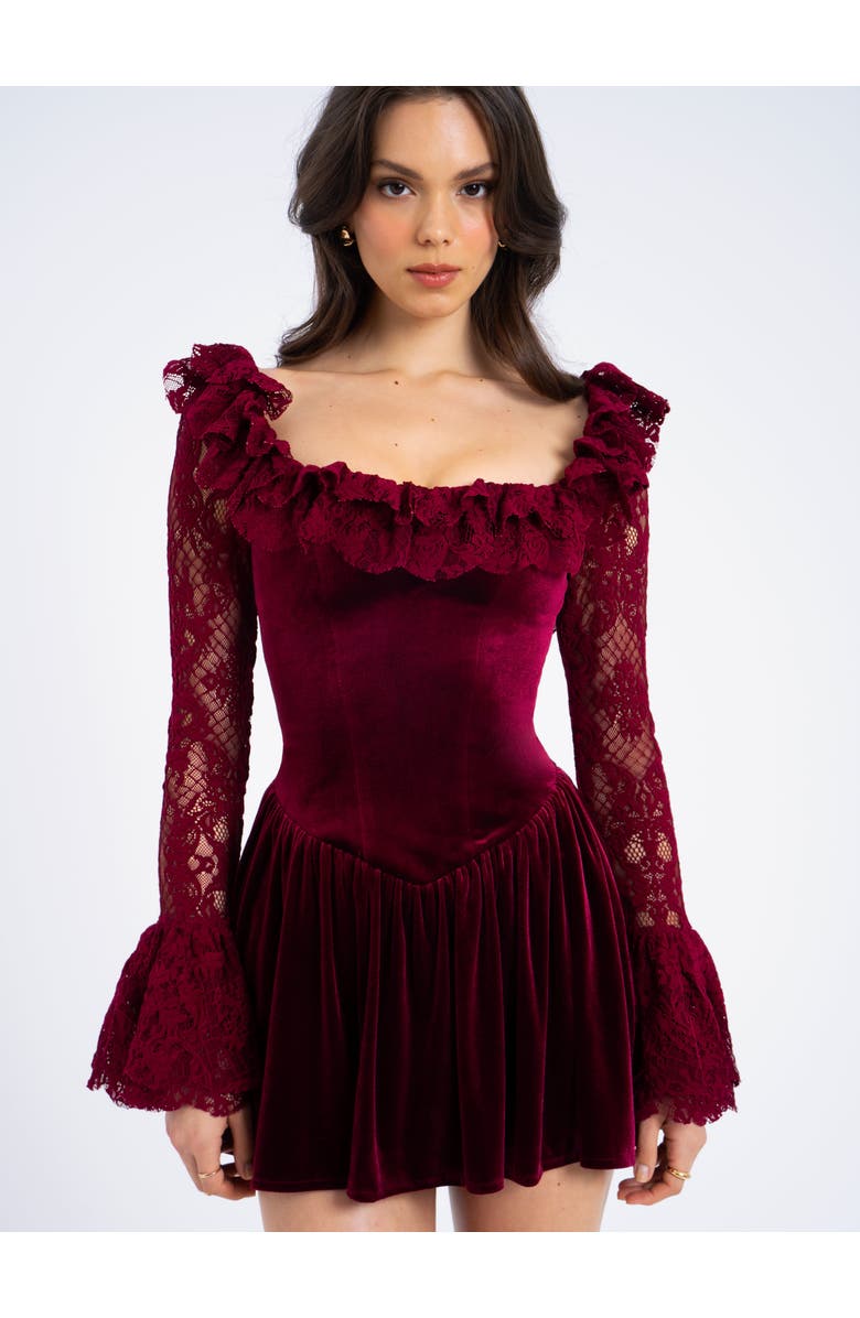 Miss Circle Yachira Velvet Lace Flare Sleeve Mini Dress, Alternate, color, Burgundy
