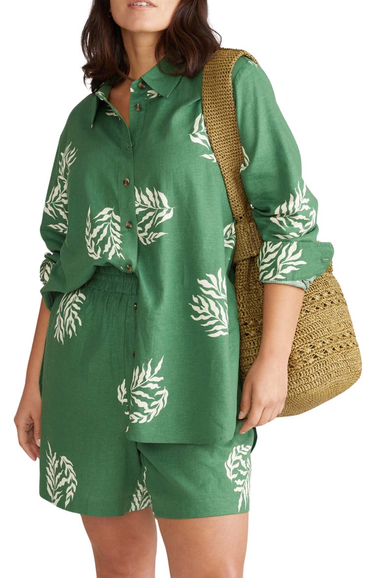 Dawn High/Low Linen Blend Shirt, Main, color, FERN DOT PRINT IN GREEN