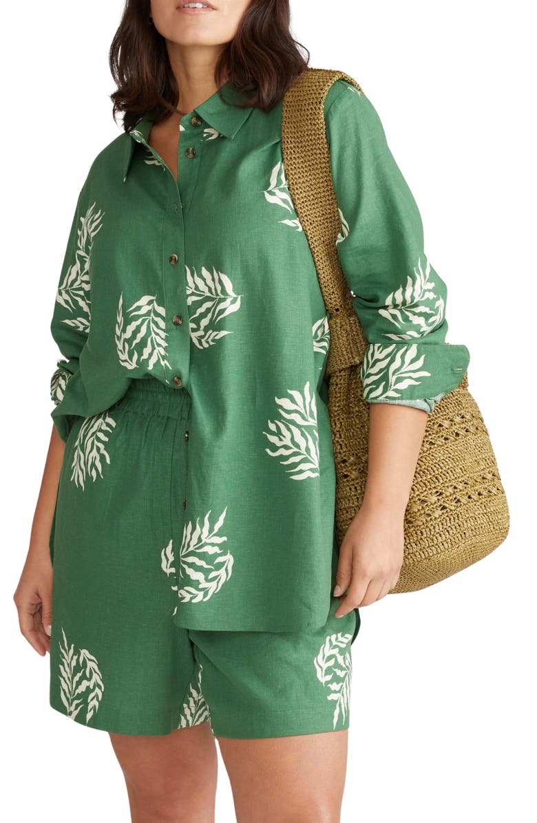 Universal Standard Dawn High/Low Linen Blend Shirt, Main, color, Fern Dot Print In Green