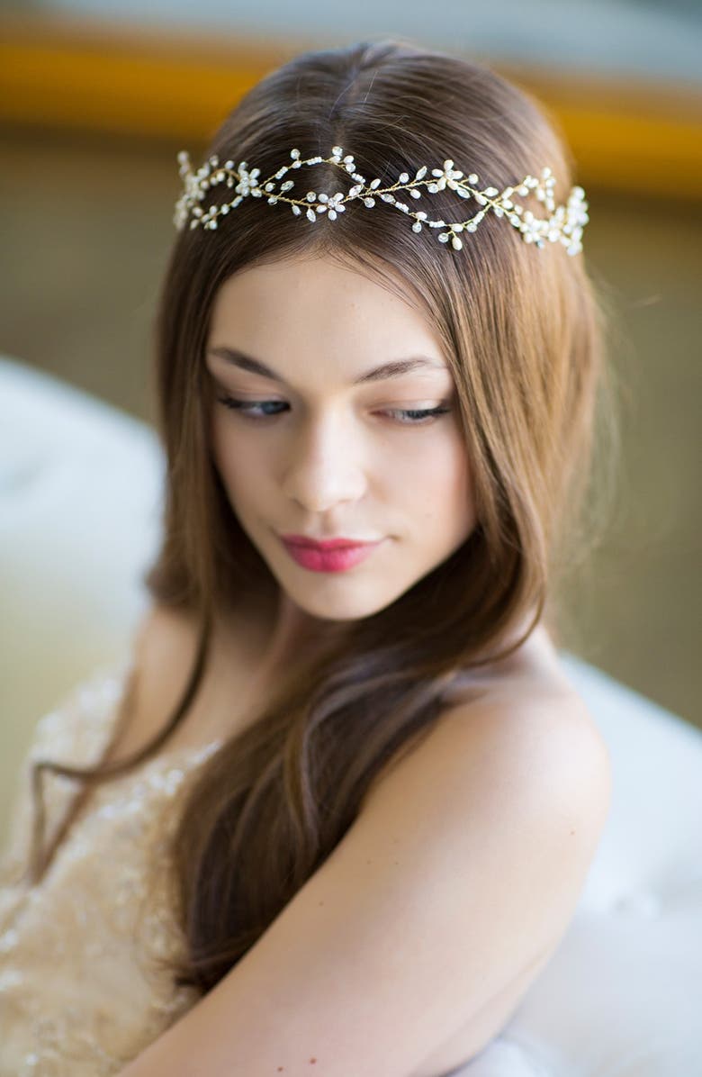 Brides & Hairpins Octavia Pearl & Jeweled Halo & Sash, Main, color, Classic Silver