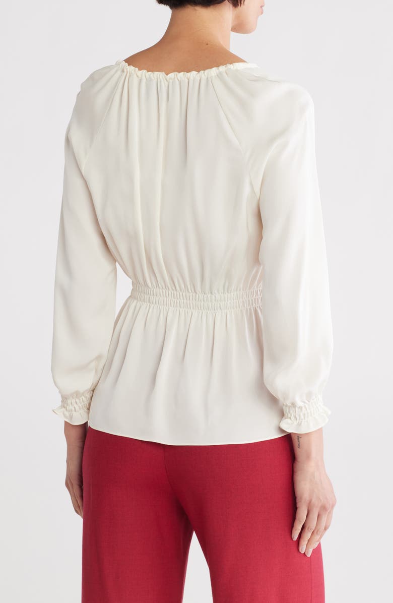 Theory Tie Neck Smocked Silk Top, Alternate, color, Ivory