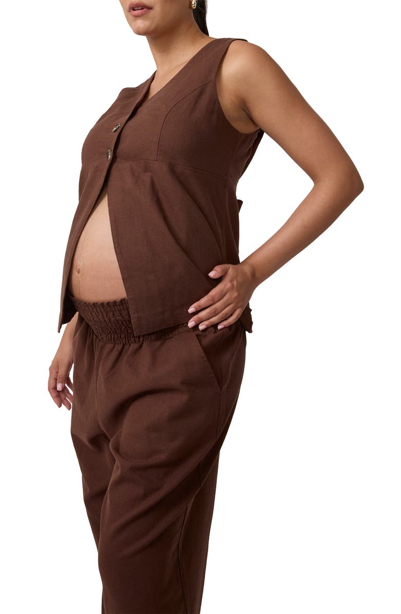 Ingrid & Isabel Smocked Linen Wide Leg Pant, Alternate, color, Dark Brown