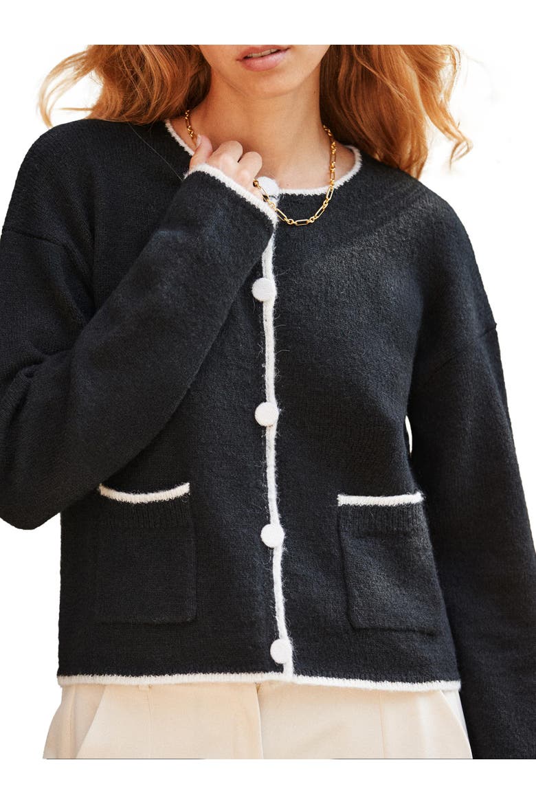 Long Sleeve Crew Neck Contrast Cardigan, Alternate, color, Black