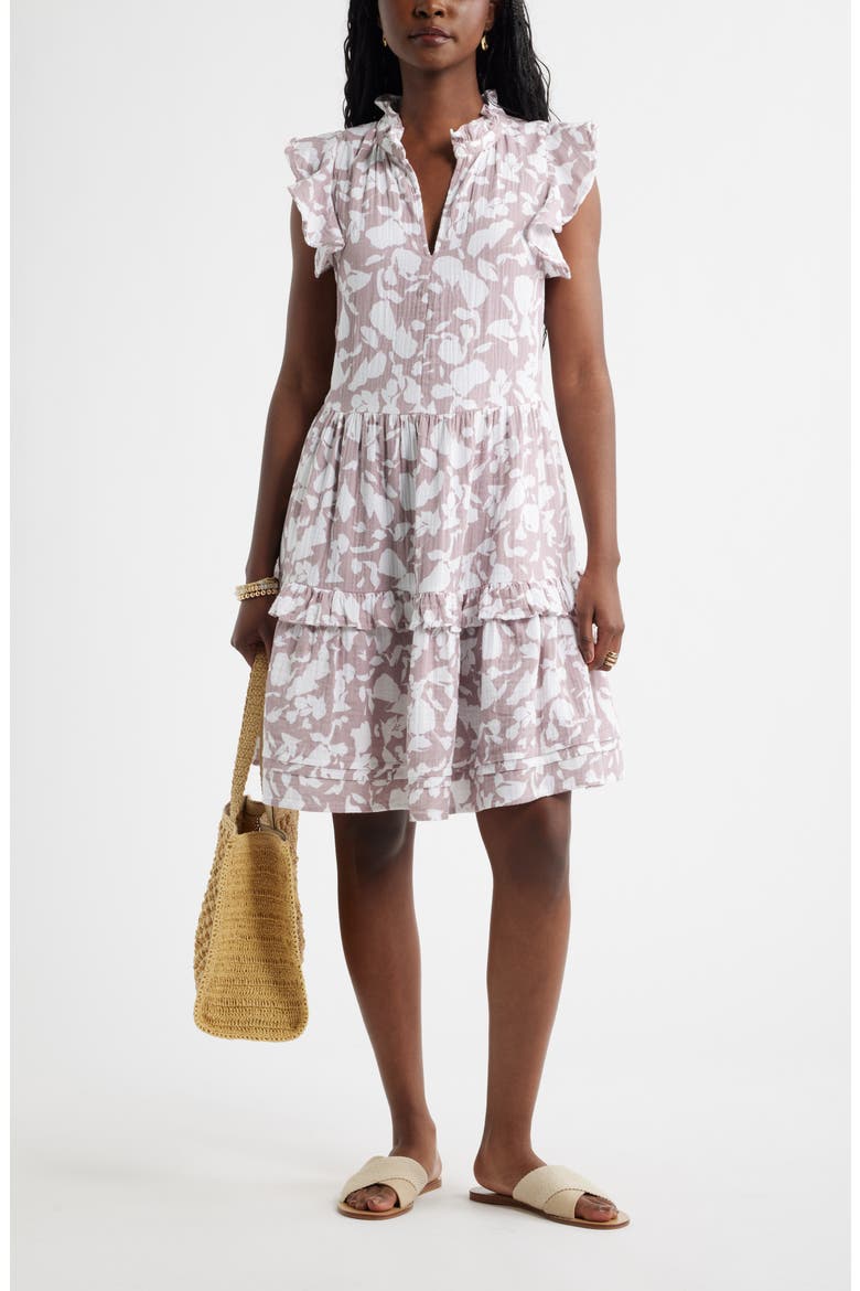 Ruffle Duo Cotton Gauze Dress, Alternate, color, PURPLE HERON SHADOWED TROPIC