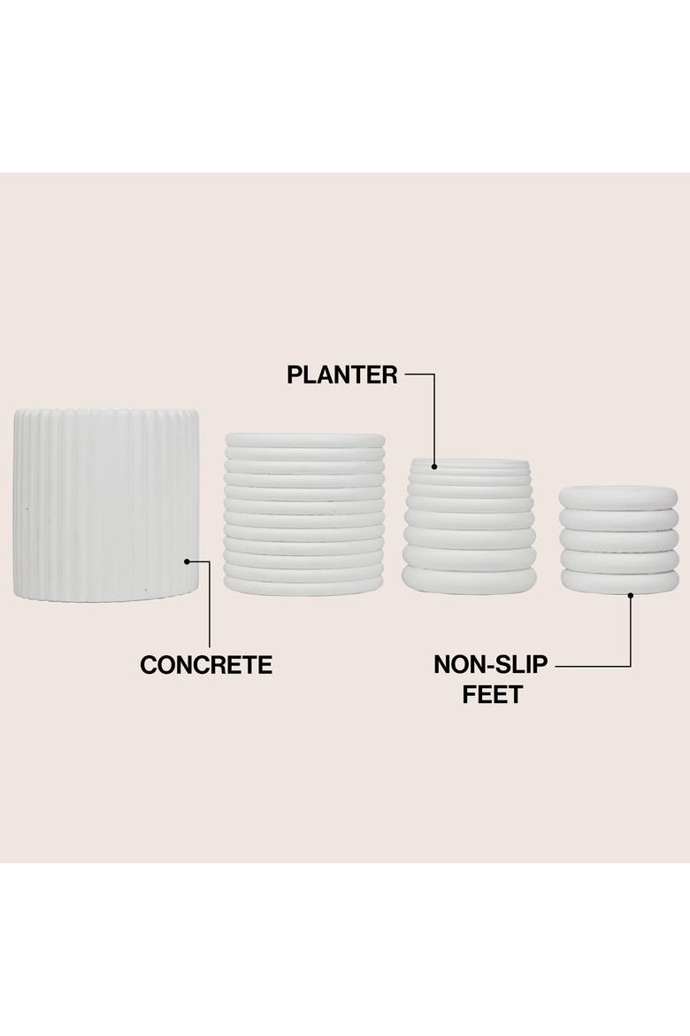 Silas Modern Minimalist Handmade Concrete Fluted Sculptural Cylinder Planter Set with Drainage Holes, Alternate, color, White
