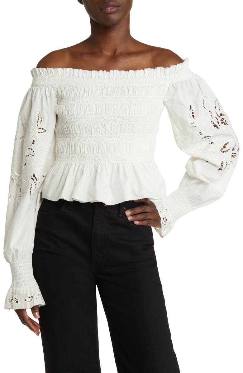 AllSaints Lara Smocked Eyelet Embroidered Off the Shoulder Top, Main, color,