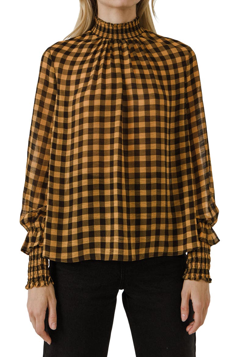 Checkered Mock Neck Long Sleeve Blouse, Alternate, color, YELLOW/ BLACK