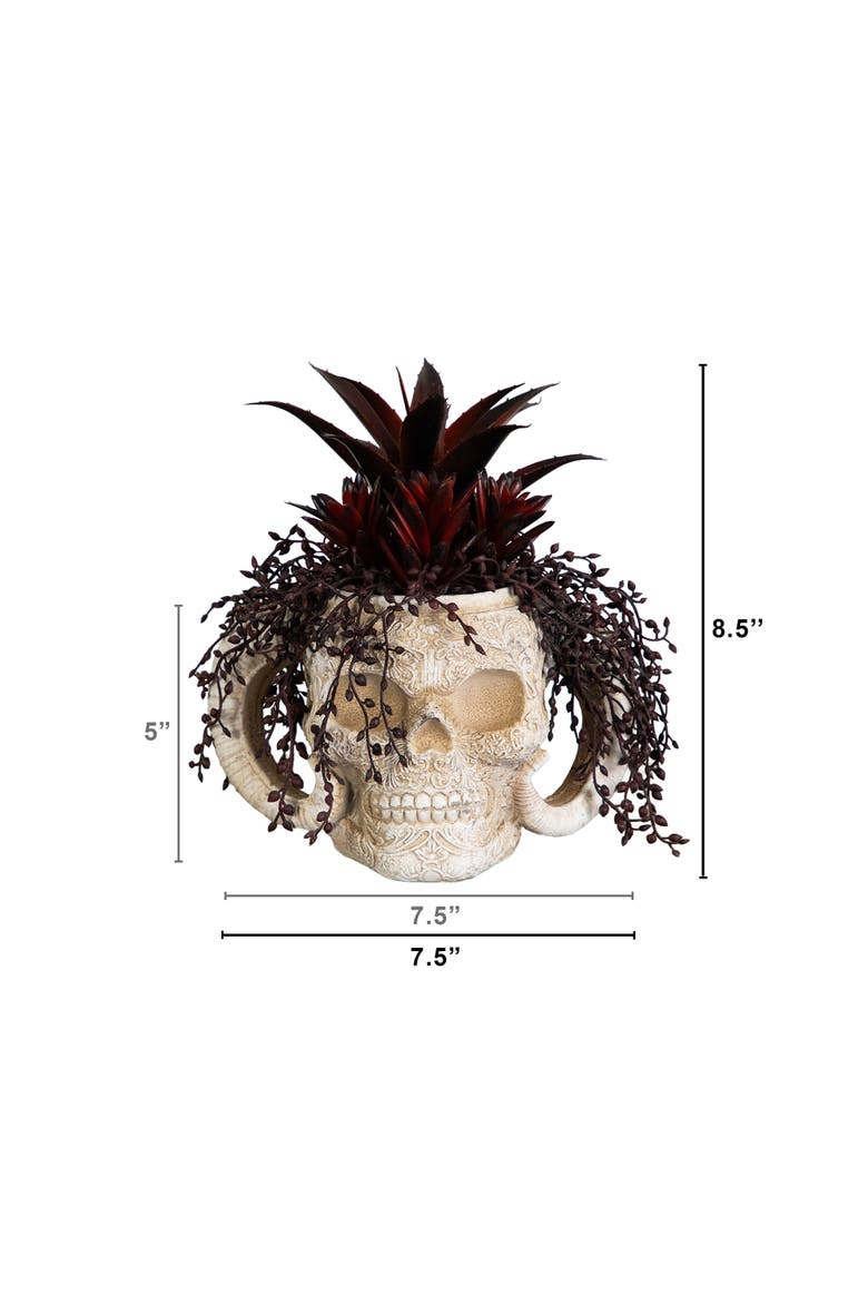 8-in Artificial Halloween Succulent Garden in Horned Skull Planter, Alternate, color, White/Purple