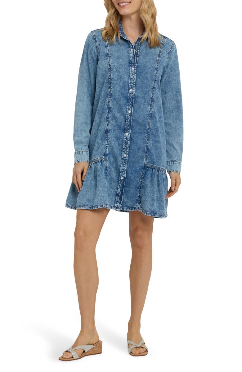 NYDJ Long Sleeve Ruffle Denim Shirtdress, Main, color, Faded Beam