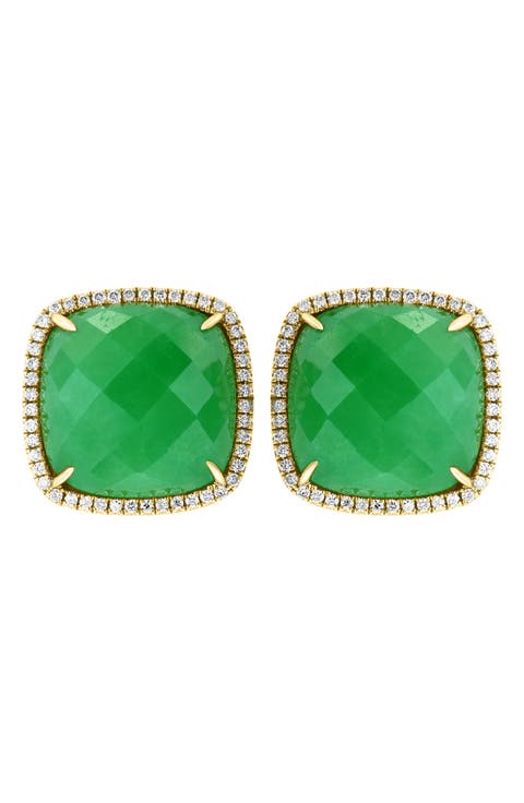14K Yellow Gold Diamond Jade Stud Earrings