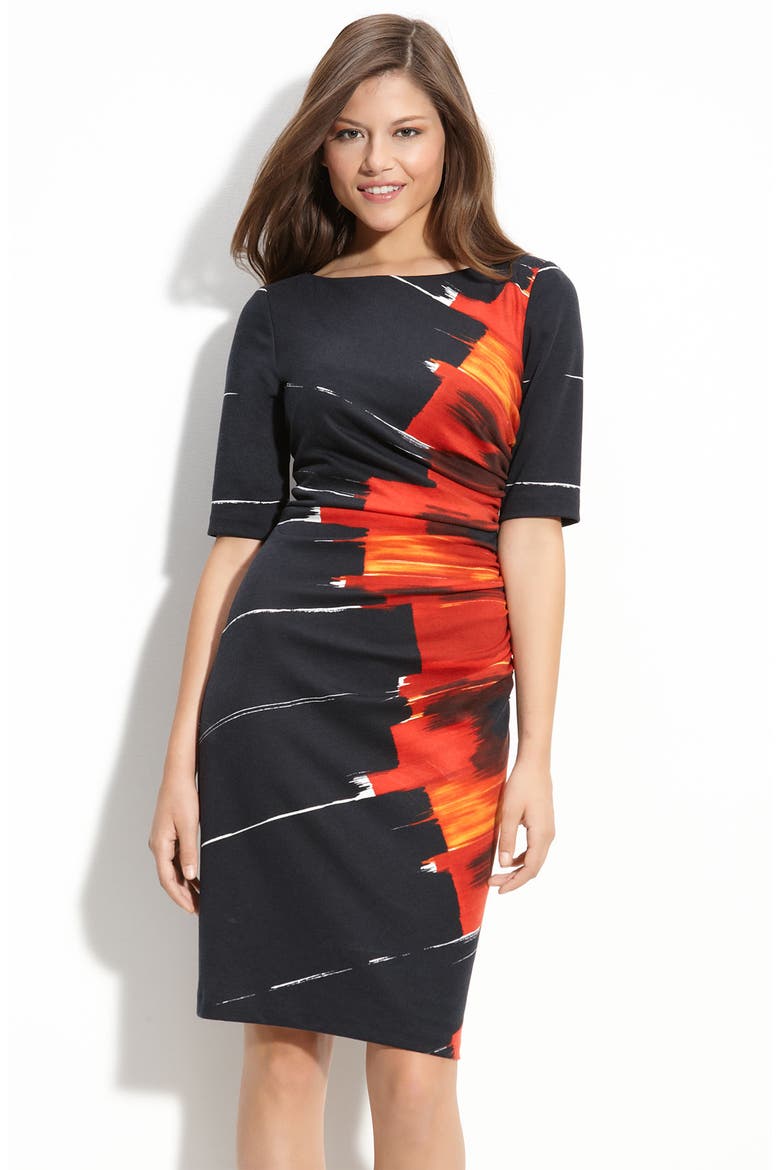 Starburst Print Ponte Knit Sheath Dress, Main, color, IVORY/ RED