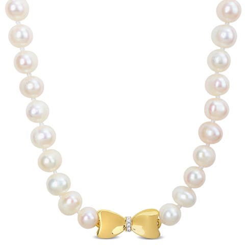 Cultured Pearl & Diamond Bow Necklace 10k