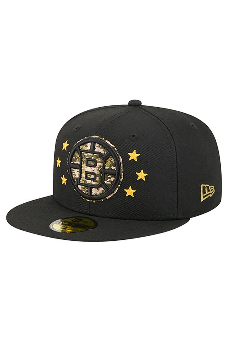Men's New Era  Black Boston Bruins Military Appreciation Digital Camo Stars 59FIFTY Fitted Hat, Alternate, color, Black