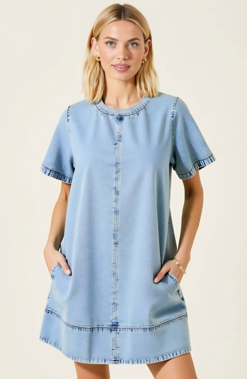 Modenaire Denim Mini Dress With Short Sleeves Pockets Back Zip Detail In Blue