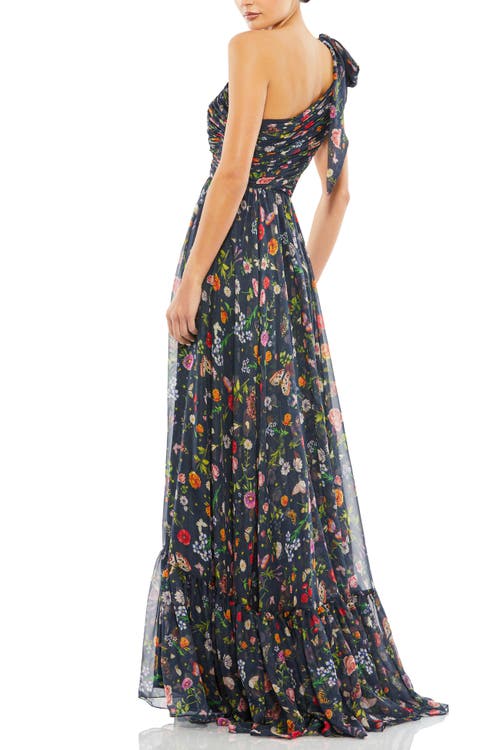Mac Duggal Tied One Shoulder Cut-out Flowy Gown In Navy Multi