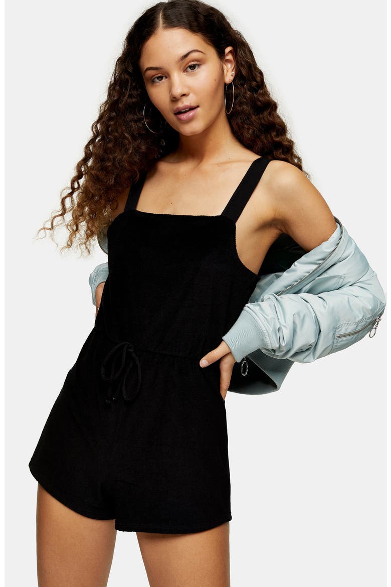 Sleeveless Square Neck Velour Cover-Up Romper, Alternate, color, BLACK
