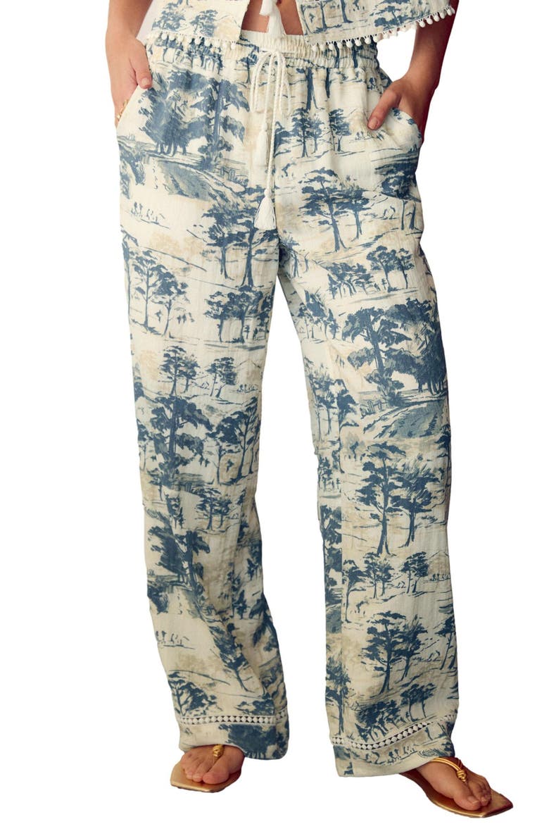 Tree Print Wide Leg Drawstring Pants, Main, color, WHITE/ BLUE