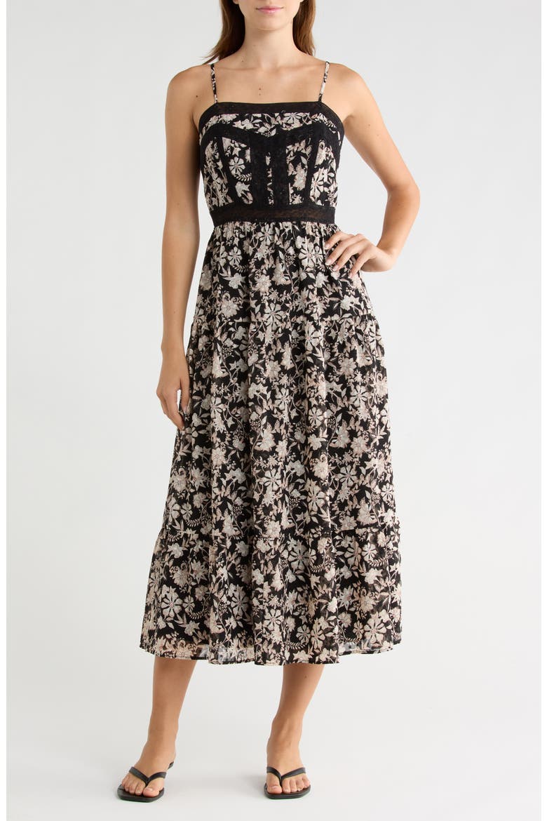 Lace Bodice Tiered Dress, Main, color, BLACK- IVORY FLORAL