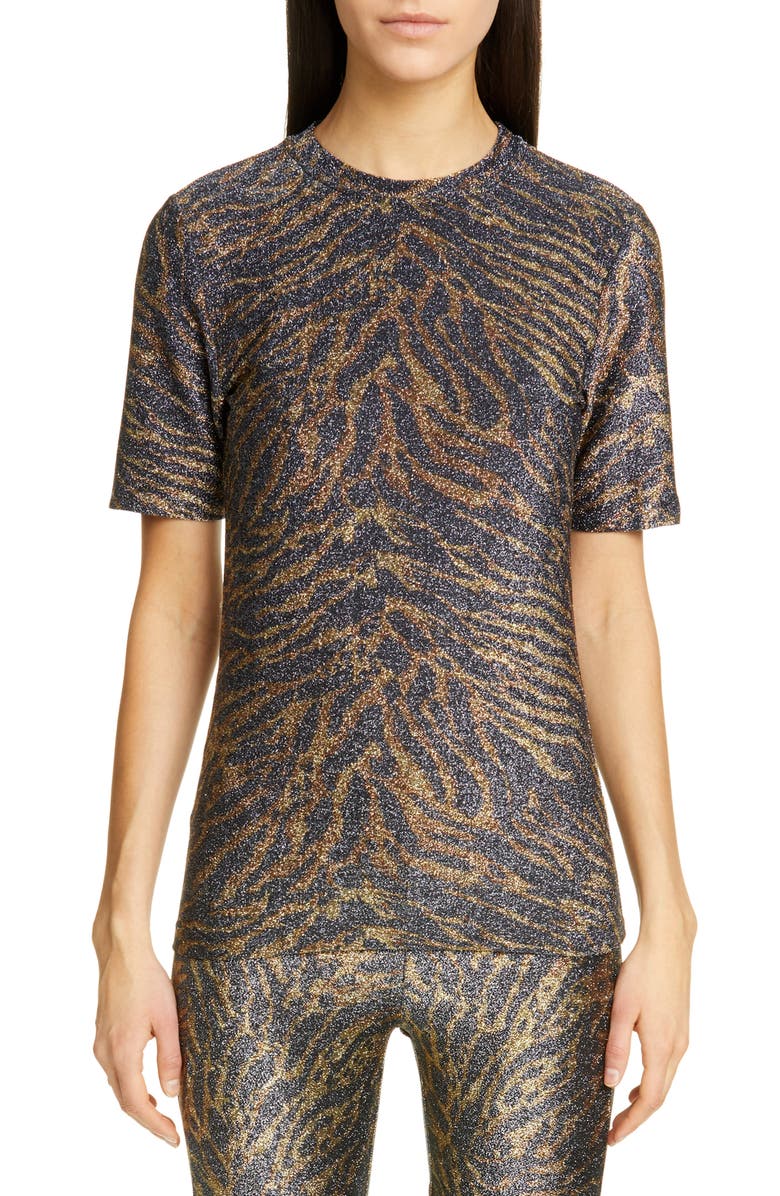Ganni Tiger Print Metallic Jersey Tee, Main, color, 
