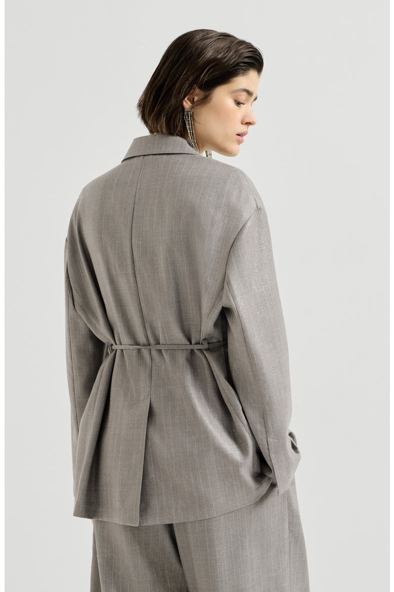 Sparkling virgin wool pinstripe blazer with monili, Alternate, color, Silver