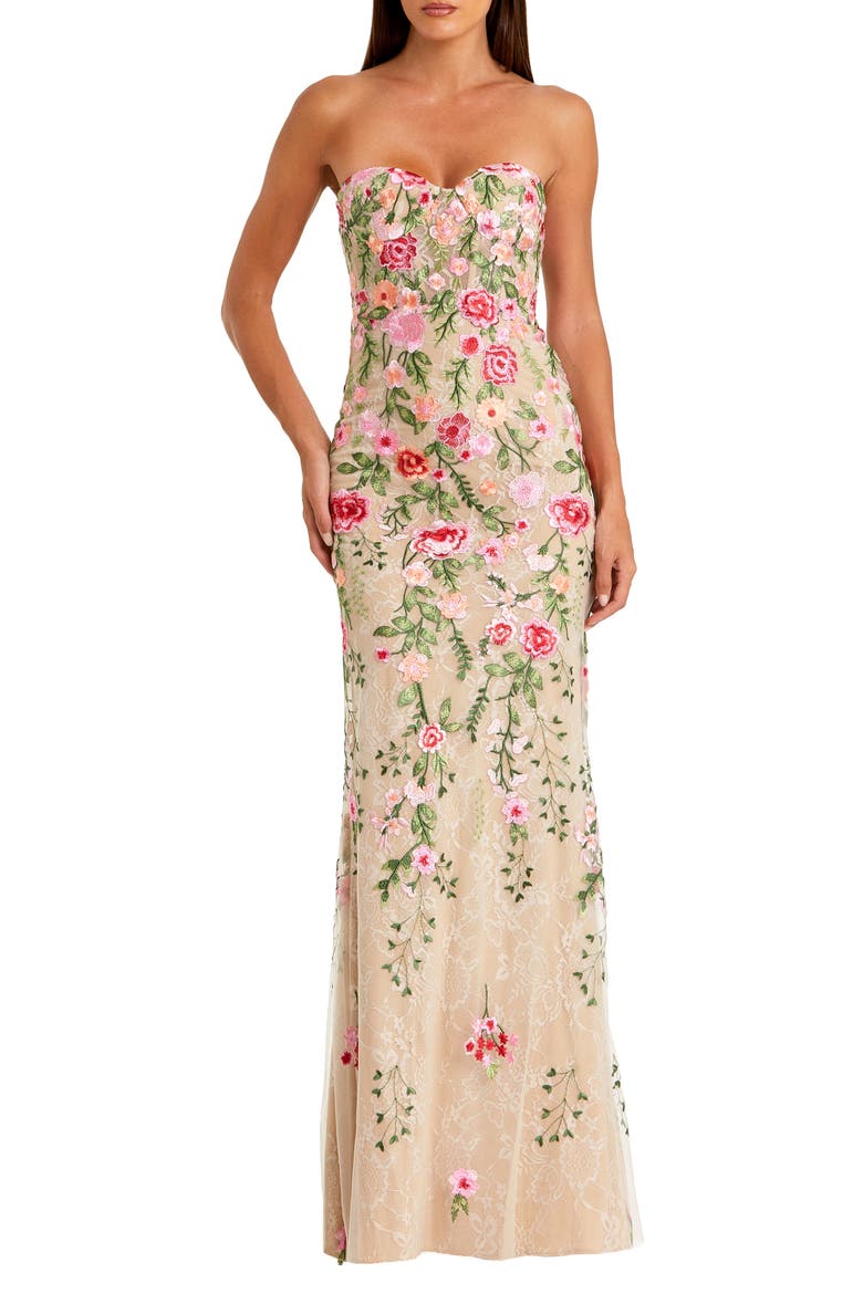 Floral Embroidered Strapless Bustier Gown, Main, color, Nude Multi