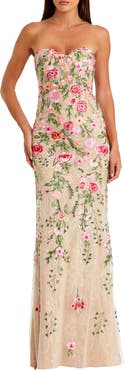 Mac Duggal Floral Embroidered Strapless Bustier Gown