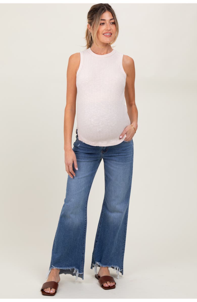 PinkBlush Distressed Fringe Hi-Lo Hem Cropped Flare Maternity Jeans, Main, color, Blue