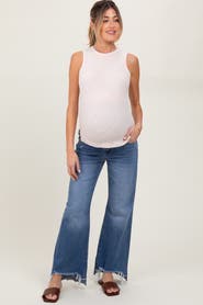 PinkBlush Distressed Fringe Hi-Lo Hem Cropped Flare Maternity Jeans