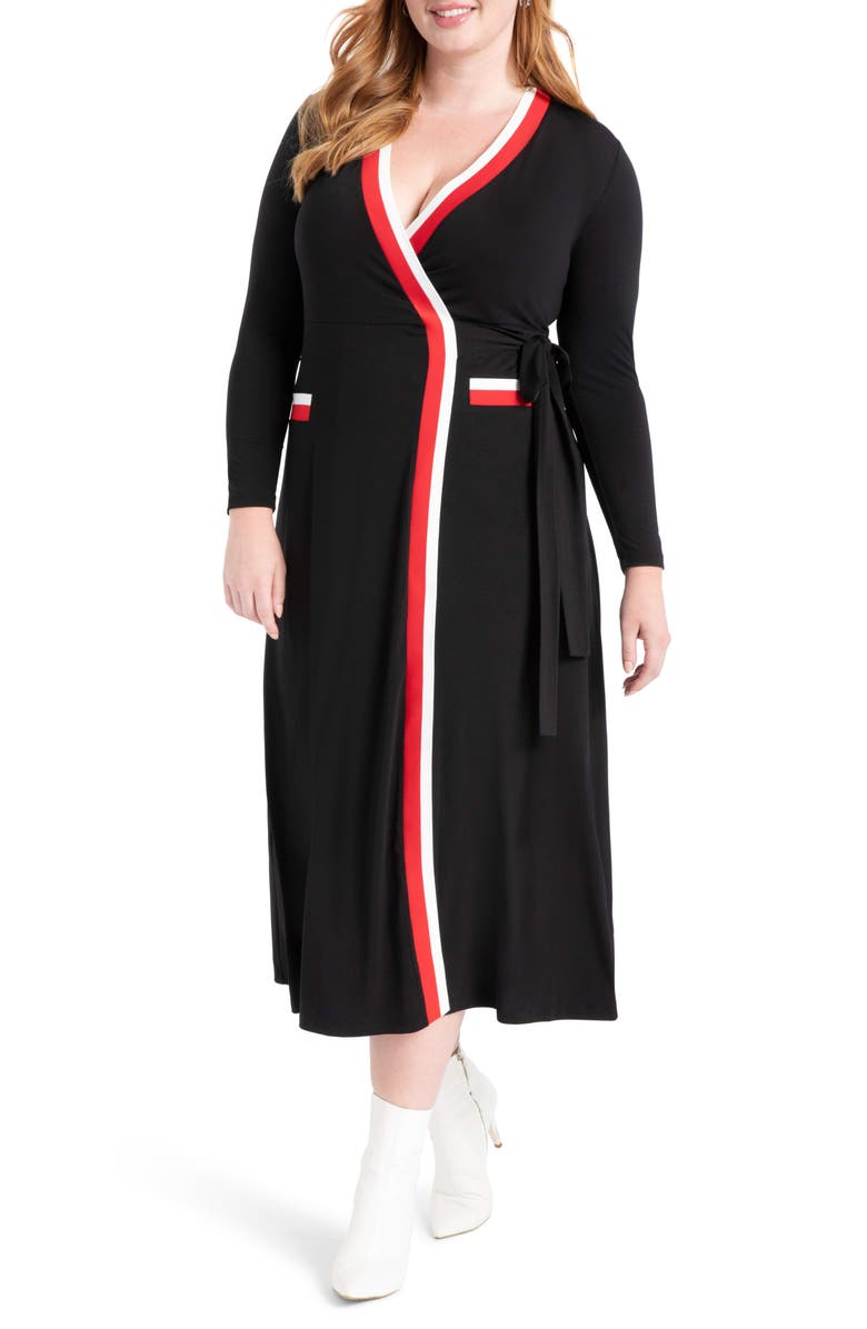 ELOQUII Stripe Tipped Long Sleeve Wrap Dress, Main, color, 