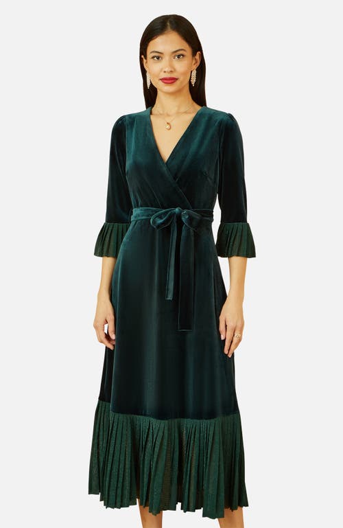 Yumi Velvet Wrap V-neck Midi Dress In Green