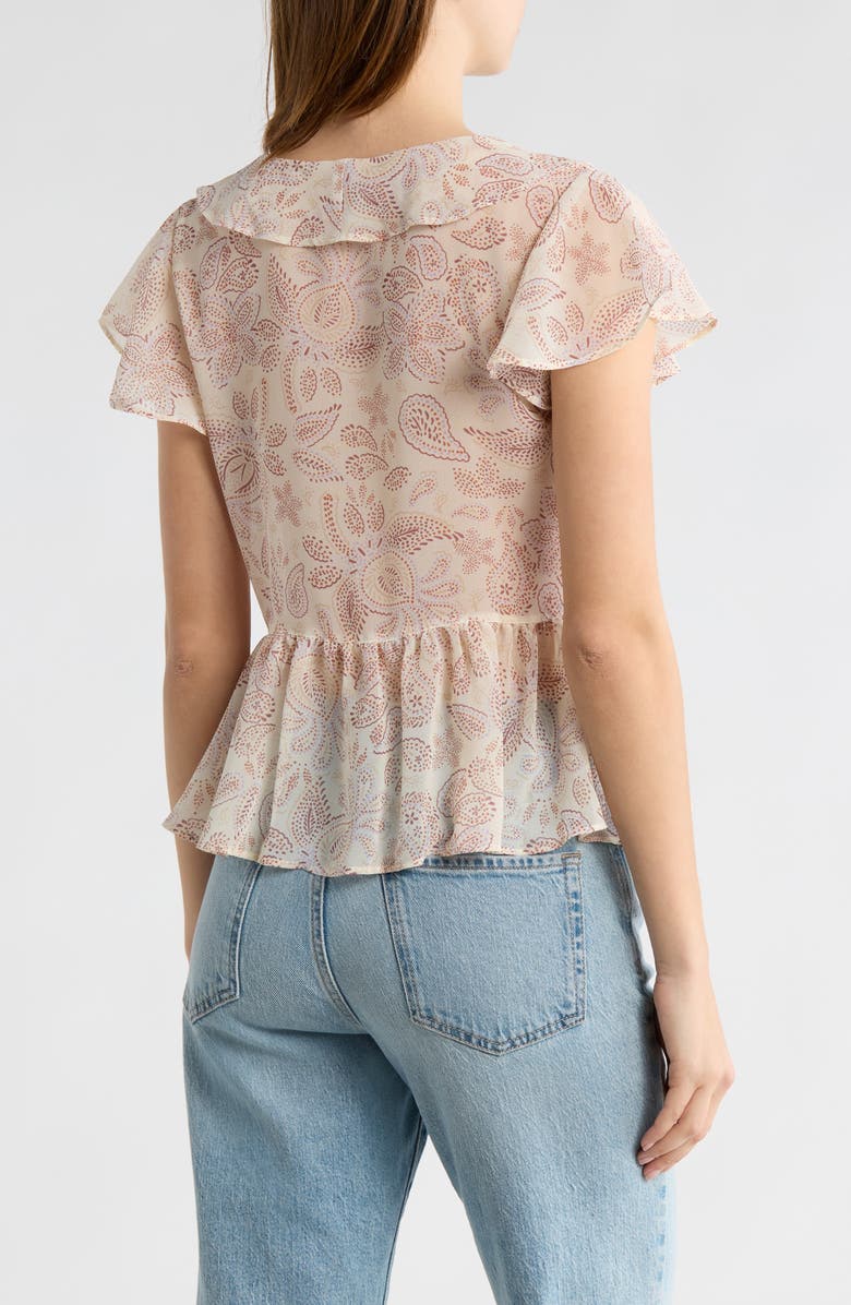 Melrose and Market Flutter Sleeve Chiffon Peplum Top, Alternate, color, Ivory- Brown Pinpoint Paisley